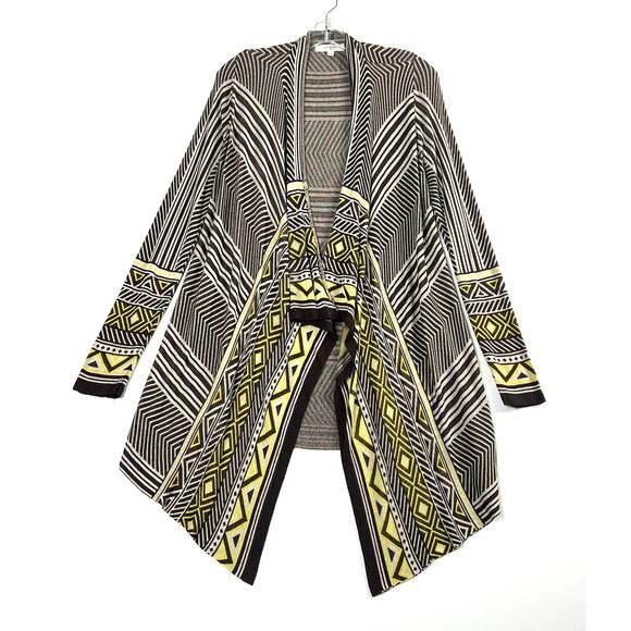 Umgee Long Sleeve Aztec Drape Open Front Cardigan Boho Brown Yellow Medium - Picture 1 of 9